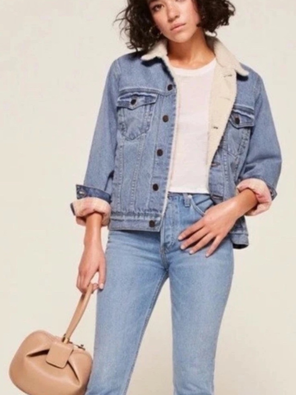 Reformation Light Blue Denim Shearling Jacket Sz Small